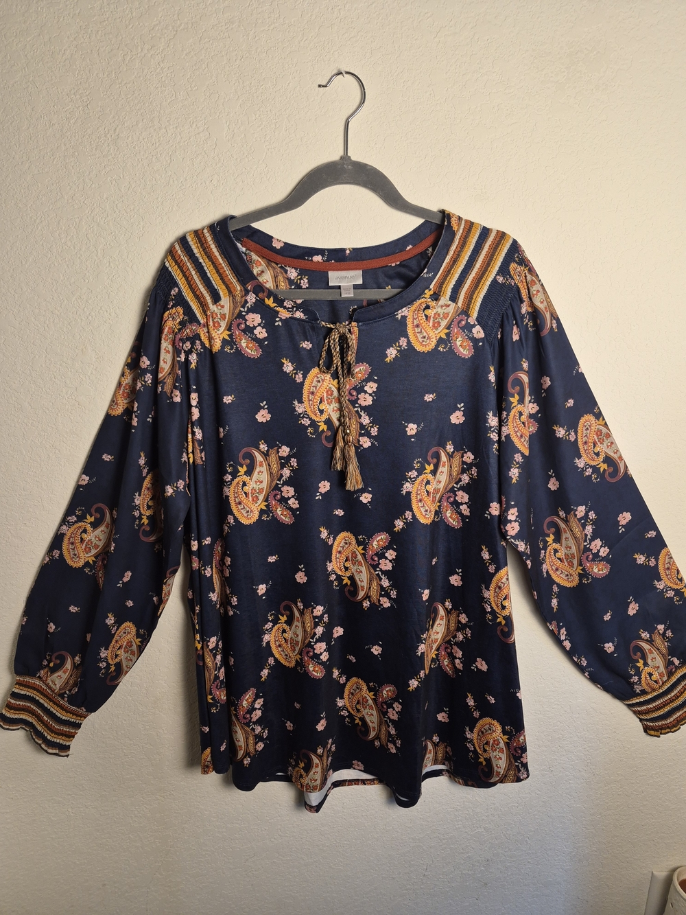Avenue Navy Paisley Tassel Tie-Front Blouse with Striped Shoulder Accents